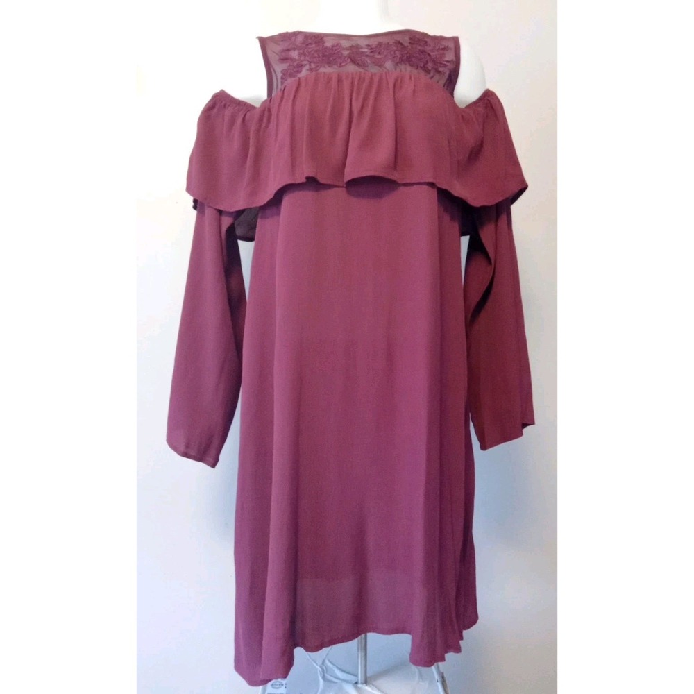 mittoshop Women Wine Red Cold Shoulder Floral Mesh Longsleeve Dress Size S